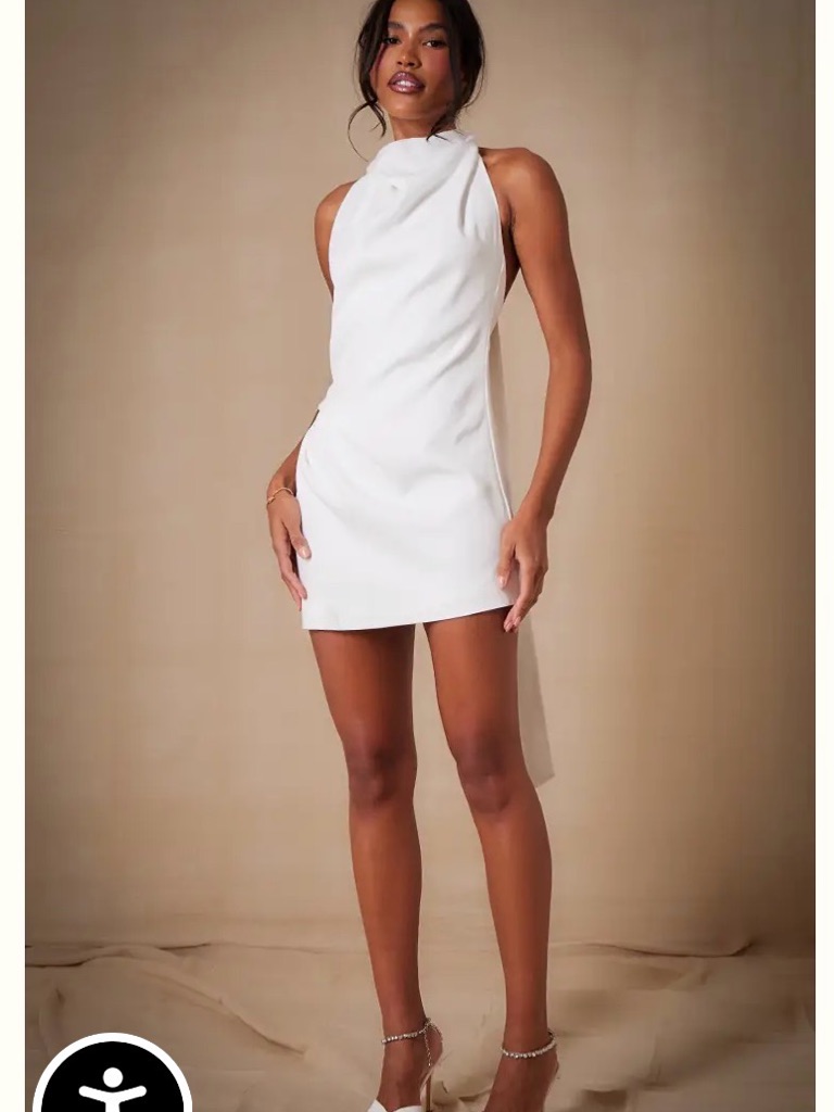 Prettylittlething Premium White Woven Tie Halter Neck Dress